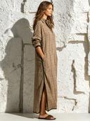 Women's Retro Casual Plaid Print Lapel Long Sleeve Maxi Dress ZMZ0914G9ZJY