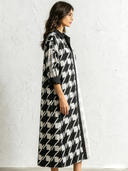 Women's Retro Casual Houndstooth Print Collared Shirt Long Sleeve Maxi Dress ZMZ0983G8ZJY