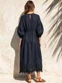 Women's Retro Casual Solid Color Cotton Linen Frayed Round Neck Three-Quarter Sleeve Midi Dress ZMZ0903G0ZJY