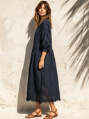 Women's Retro Casual Solid Color Cotton Linen Frayed Round Neck Three-Quarter Sleeve Midi Dress ZMZ0903G0ZJY
