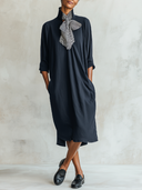 Women's Casual Solid-Color Collared Cocoon-Style Midi Dress (with Striped Bow) ZMZ0975G6XT