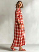 Women's Retro Casual Plaid Cotton Linen Collared Button-Up Shirt Long Sleeve Maxi Dress ZMZ0974G0ZJY