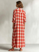 Women's Retro Casual Plaid Cotton Linen Collared Button-Up Shirt Long Sleeve Maxi Dress ZMZ0974G0ZJY