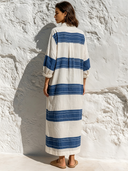Women's Retro Casual Striped Print Lapel Color Block Long Sleeve Maxi Dress ZMZ1093G2ZJY