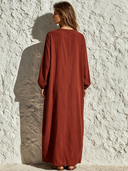 Women's Retro Casual Cotton PU Patchwork Henley Collar Long Sleeve Maxi Dress ZMZ1072G6ZJY