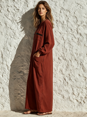 Women's Retro Casual Cotton PU Patchwork Henley Collar Long Sleeve Maxi Dress ZMZ1072G6ZJY