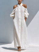 Women's Off-Shoulder Puff-Sleeve Linen Maxi Dress ZMZ0922G2XT