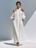 Women's Off-Shoulder Puff-Sleeve Linen Maxi Dress ZMZ0922G2XT