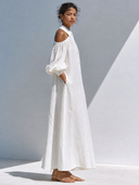 Women's Off-Shoulder Puff-Sleeve Linen Maxi Dress ZMZ0922G2XT