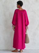 Women's Fashion Bright Pink Cotton Linen Loose Maxi Dress ZMZ1077G4SWL