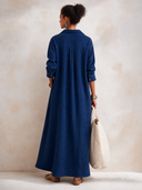 Women's Classic Navy Blue Corduroy Long-sleeved Maxi Dress ZMZ1005G7SWL