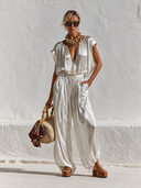 Women's Satin V-Neck Short-Sleeve Top And Trousers Two-Piece Set ZMZ1329G4XT