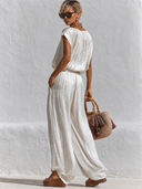 Women's Satin V-Neck Short-Sleeve Top And Trousers Two-Piece Set ZMZ1329G4XT