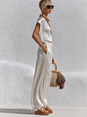 Women's Satin V-Neck Short-Sleeve Top And Trousers Two-Piece Set ZMZ1329G4XT