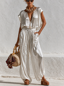 Women's Satin V-Neck Short-Sleeve Top And Trousers Two-Piece Set ZMZ1329G4XT