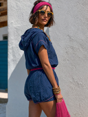 Women's Casual Color-Block Short-Sleeve Hoodie And Shorts Two-Piece Set ZMZ1325G5XT