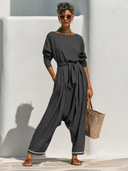 Women's Solid-Color Long-Sleeve Tie-Waist Harem Jumpsuit ZMZ1361G8XT