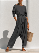 Women's Solid-Color Long-Sleeve Tie-Waist Harem Jumpsuit ZMZ1361G8XT