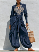 Women's Bohemian Embroidered Long-Sleeve Tie-Front Jumpsuit ZMZ1366G4XT
