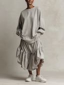 Women's Solid-Color Loose Long-Sleeve Top And Ruffled-Hem Skirt Two-Piece Set ZMZ1420G5XT