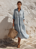 Women's Long-Sleeve Tiered Cotton-Linen Shirt Maxi Dress ZMZ0995G4XT