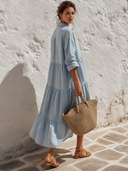 Women's Long-Sleeve Tiered Cotton-Linen Shirt Maxi Dress ZMZ0995G4XT
