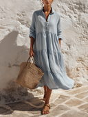 Women's Long-Sleeve Tiered Cotton-Linen Shirt Maxi Dress ZMZ0995G4XT