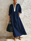 Women's Classic Color-Block Cotton-Linen V-Neck Long-Sleeve Maxi Dress ZMZ1497G2SWL