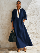Women's Classic Color-Block Cotton-Linen V-Neck Long-Sleeve Maxi Dress ZMZ1497G2SWL