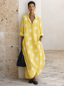 Women's Vintage Polka-Dot Cotton-Linen V-Neck Long-Sleeve Loose Maxi Dress ZMZ1426G2SWL
