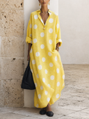 Women's Vintage Polka-Dot Cotton-Linen V-Neck Long-Sleeve Loose Maxi Dress ZMZ1426G2SWL