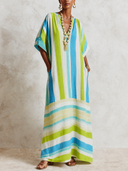Women's Retro Color-Block Striped V-Neck Elbow-Sleeve Maxi Dress ZMZ1452G7SWL