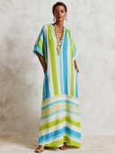 Women's Retro Color-Block Striped V-Neck Elbow-Sleeve Maxi Dress ZMZ1452G7SWL