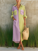 Women's Fashionable Color-Block Cotton-Linen Long-Sleeve Shirt Dress ZMZ1491G4SWL
