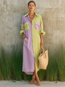Women's Fashionable Color-Block Cotton-Linen Long-Sleeve Shirt Dress ZMZ1491G4SWL