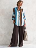 Women's Classic Satin Color-Block Striped Top And Wide-Leg Pants Set ZMZ1435G1SWL
