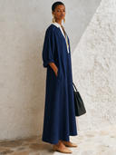 Women's Classic Color-Block Cotton-Linen V-Neck Long-Sleeve Maxi Dress ZMZ1497G2SWL