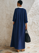 Women's Classic Color-Block Cotton-Linen V-Neck Long-Sleeve Maxi Dress ZMZ1497G2SWL