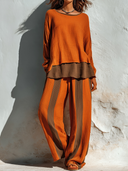 Women's Retro Casual Pleated Color Block Crew Neck Long Sleeve Top And Pants Set ZMZ1509G6ZJY