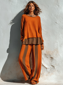 Women's Retro Casual Pleated Color Block Crew Neck Long Sleeve Top And Pants Set ZMZ1509G6ZJY