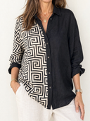 Women's Retro Casual Cotton Linen Patchwork Collared Long-Sleeve Shirt ZMZ1554G5ZJY