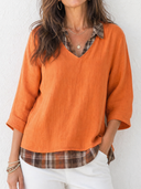 Women's Retro Casual Cotton Linen Plaid Patchwork Collared Three-Quarter Sleeve Shirt ZMZ1503G4ZJY