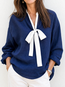Women's Retro Casual Color Block Cotton Linen Loose V-Neck Long Sleeve Shirt ZMZ1575G5ZJY