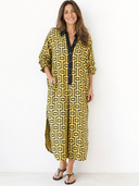 Women's Retro Casual Color Block Striped Geometric Print Henley Collar Long Sleeve Midi Dress ZMZ1508G6ZJY