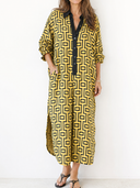 Women's Retro Casual Color Block Striped Geometric Print Henley Collar Long Sleeve Midi Dress ZMZ1508G6ZJY