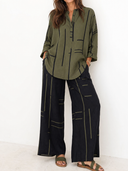 Women's Retro Casual Color Block Striped Geometric Print Henley Collar Three-Quarter Sleeve Shirt And Pants Set ZMZ1537G5ZJY