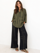 Women's Retro Casual Color Block Striped Geometric Print Henley Collar Three-Quarter Sleeve Shirt And Pants Set ZMZ1537G5ZJY