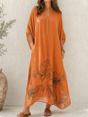Women's Retro Casual Lazy Style Cotton Linen Floral Print Batwing Sleeve Henley Collar Maxi Dress ZMZ1540G0ZJY