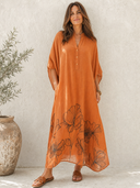 Women's Retro Casual Lazy Style Cotton Linen Floral Print Batwing Sleeve Henley Collar Maxi Dress ZMZ1540G0ZJY