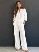 Women's Retro Casual Lazy Style Solid Color Waffle Henley Top And Pants Set ZMZ1547G4ZJY